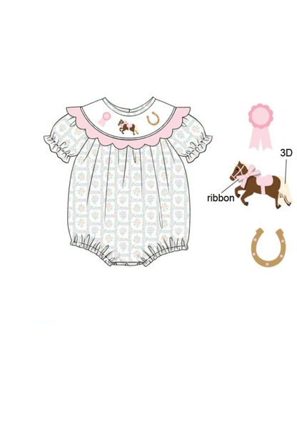 The Smocked Flamingo Apparel & Accessories Pre-Oreder Smocked Winner's Circle Horse Pink Scalloped Bubble