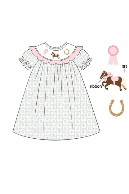 The Smocked Flamingo Apparel & Accessories Pre-Oreder Smocked Winner's Circle Horse Pink Scalloped Dress