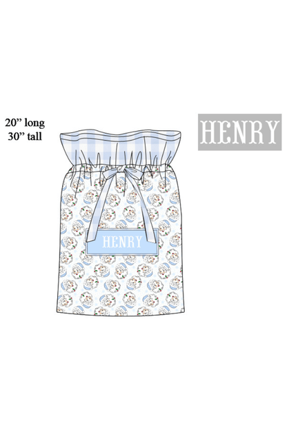 The Smocked Flamingo Apparel & Accessories Present Bag Pre-Order Smocked Custom Name Blue Vintage Santa Christmas Trimmings