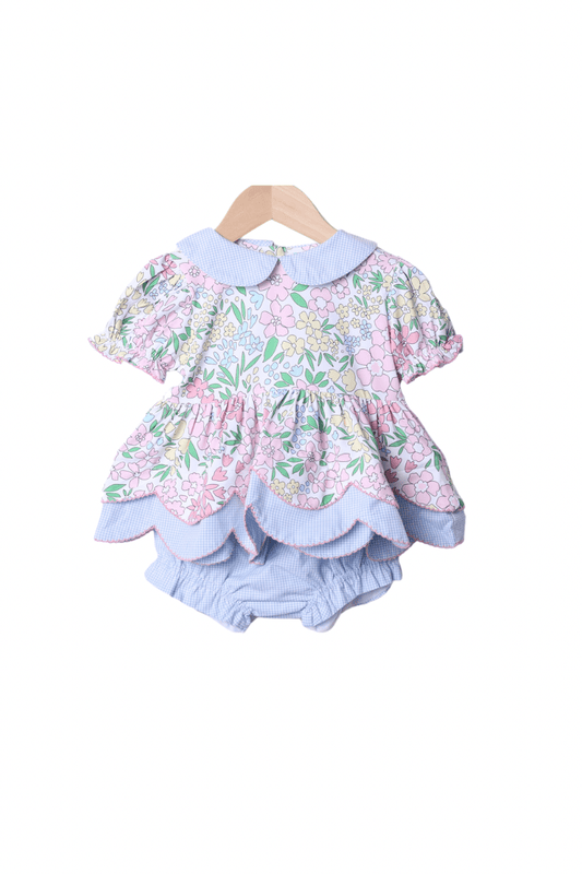 The Smocked Flamingo Apparel & Accessories Pretty Blue Floral Scalloped Knit Bloomer Set