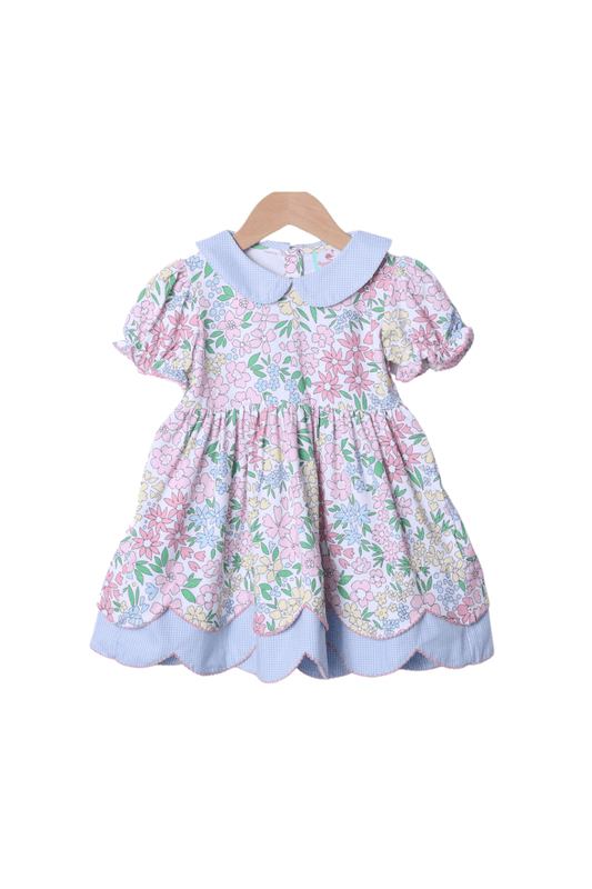 The Smocked Flamingo Apparel & Accessories Pretty Blue Floral Scalloped Knit Dress