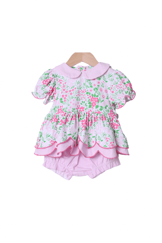 The Smocked Flamingo Apparel & Accessories Pretty Pink Floral Scalloped Knit Bloomer Set