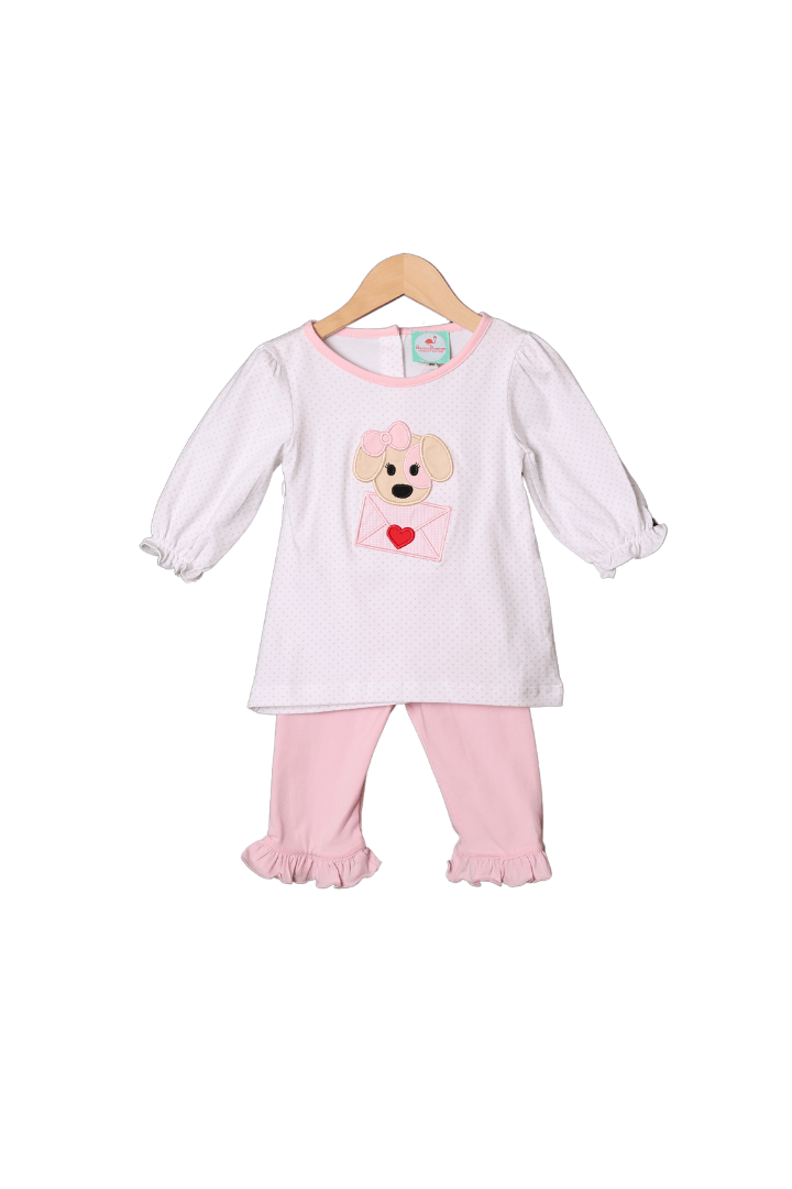 The Smocked Flamingo Apparel & Accessories Puppy Love Applique Pink Polka Dot Knit Pant Set