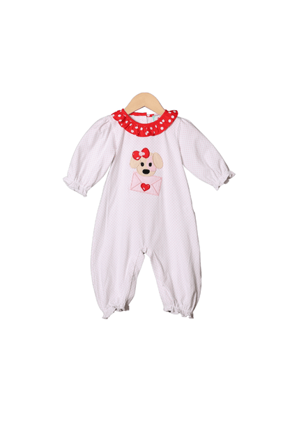 The Smocked Flamingo Apparel & Accessories Puppy Love Applique Pink/Red Polka Dot Knit Romper