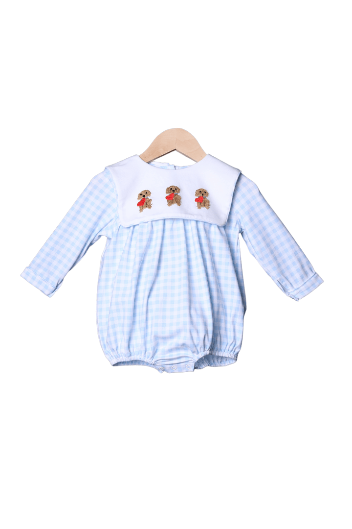 The Smocked Flamingo Apparel & Accessories Puppy Love Blue Gingham Bubble