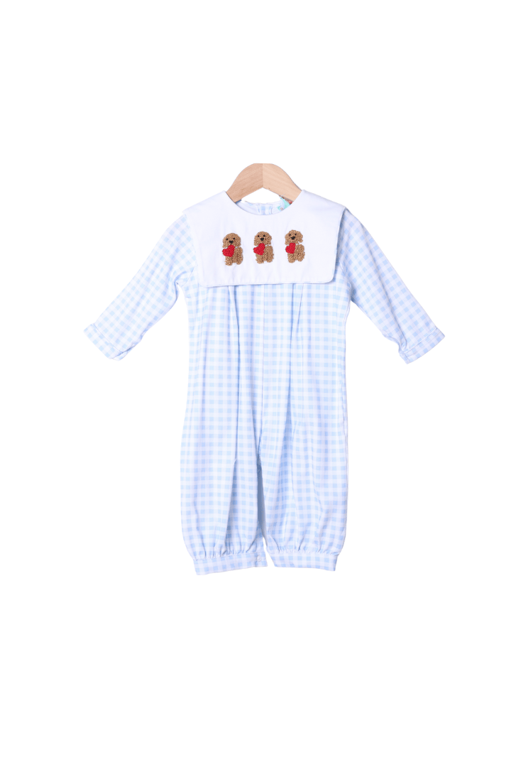 The Smocked Flamingo Apparel & Accessories Puppy Love Embroidered Blue Gingham Romper