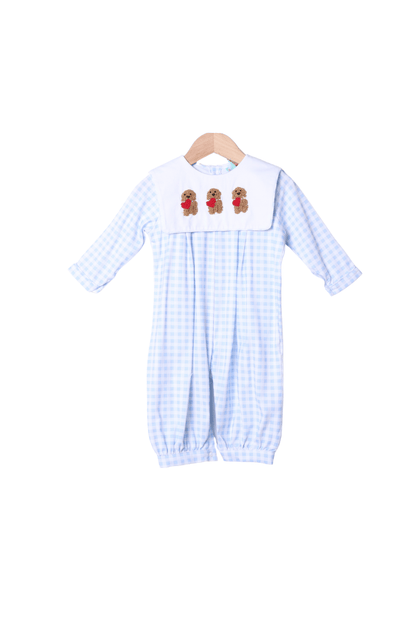 The Smocked Flamingo Apparel & Accessories Puppy Love Embroidered Blue Gingham Romper