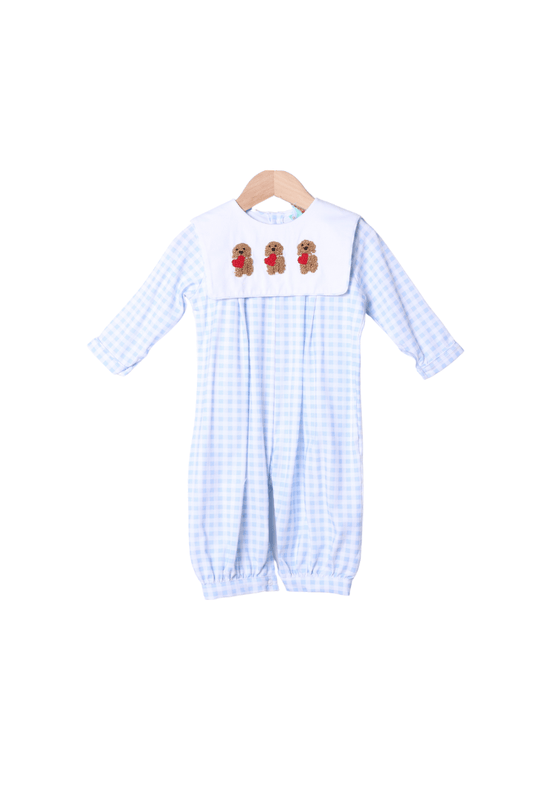 The Smocked Flamingo Apparel & Accessories Puppy Love Embroidered Blue Gingham Romper