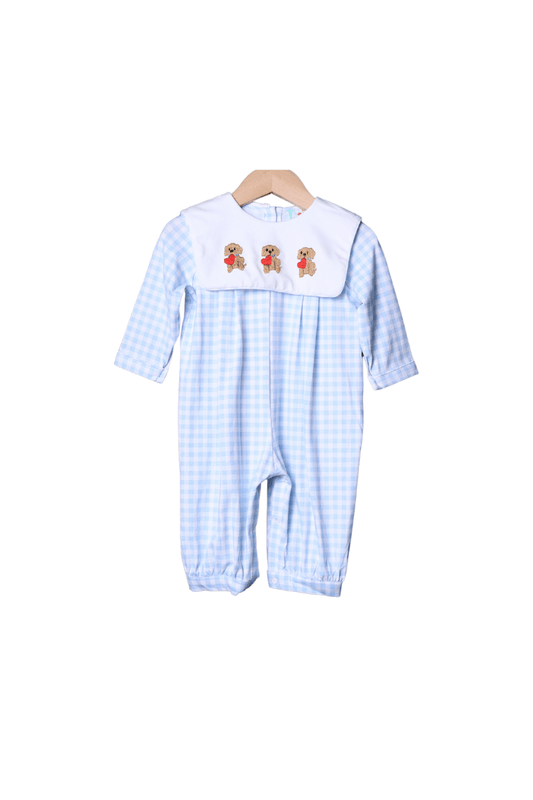 The Smocked Flamingo Apparel & Accessories Puppy Love Embroidered Blue Gingham Romper