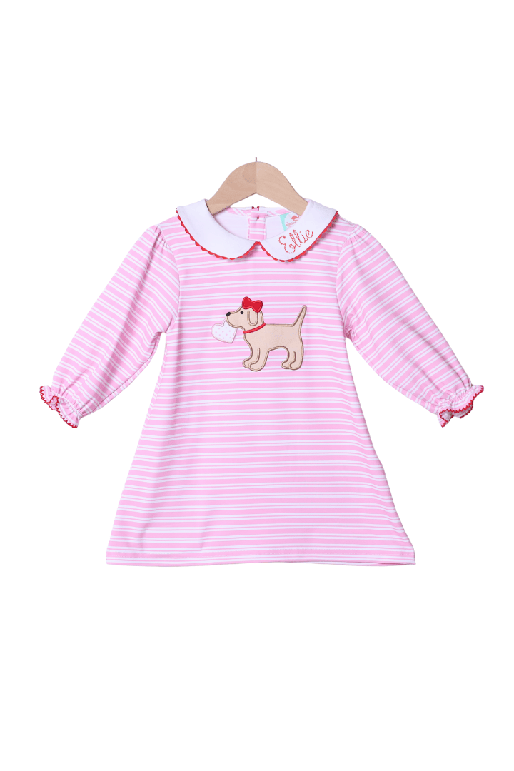 The Smocked Flamingo Apparel & Accessories Puppy Love Pink Stripe Ruffle Dress