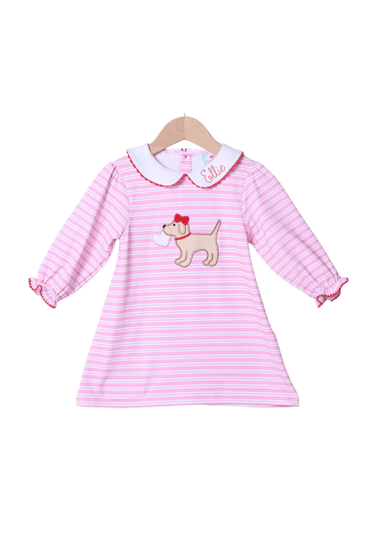 The Smocked Flamingo Apparel & Accessories Puppy Love Pink Stripe Ruffle Dress