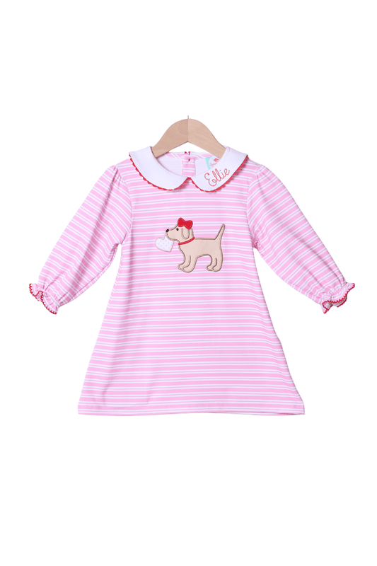 The Smocked Flamingo Apparel & Accessories Puppy Love Pink Stripe Ruffle Dress