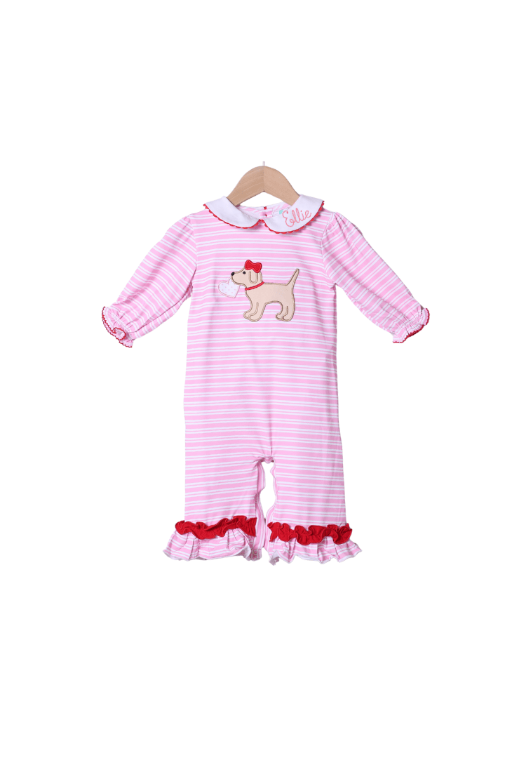 The Smocked Flamingo Apparel & Accessories Puppy Love Pink Stripe Ruffle Romper