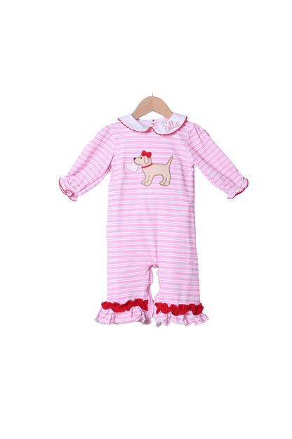 The Smocked Flamingo Apparel & Accessories Puppy Love Pink Stripe Ruffle Romper