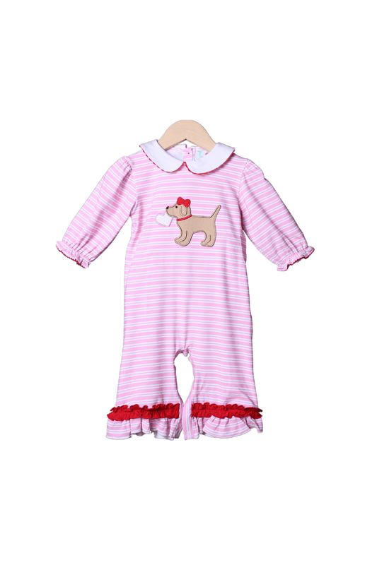 The Smocked Flamingo Apparel & Accessories Puppy Love Pink Stripe Ruffle Romper