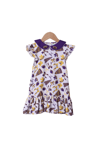 The Smocked Flamingo Apparel & Accessories Purple and Gold French Knot Football Dress