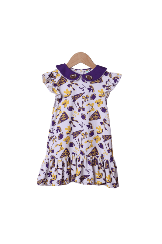 The Smocked Flamingo Apparel & Accessories Purple and Gold French Knot Football Dress