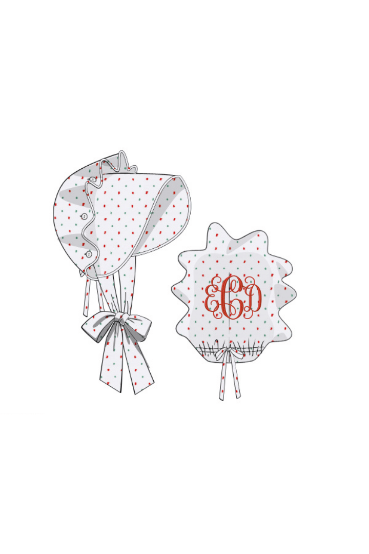 The Smocked Flamingo Apparel & Accessories Red and Green Swiss Dot Bonnet