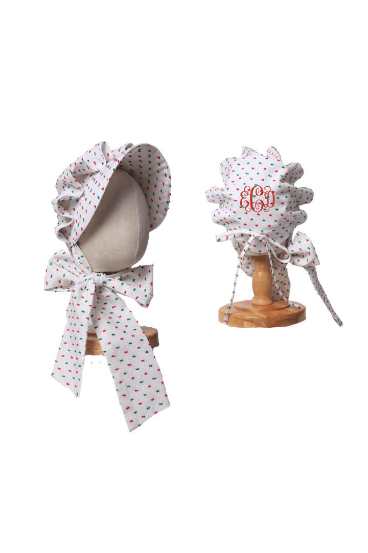 The Smocked Flamingo Apparel & Accessories Red and Green Swiss Dot Bonnet