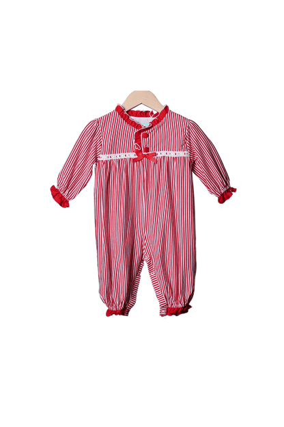 The Smocked Flamingo Apparel & Accessories Red Christmas Stripe Ruffle Romper Pajamas