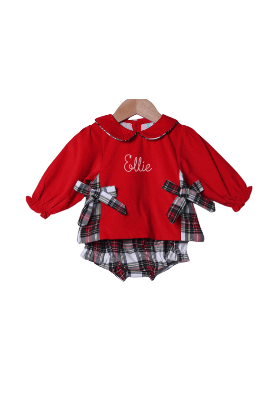 The Smocked Flamingo Apparel & Accessories Red Corduroy Tartan Bow Bloomer Set