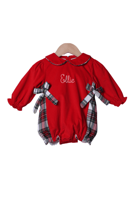 The Smocked Flamingo Apparel & Accessories Red Corduroy Tartan Bow Bubble