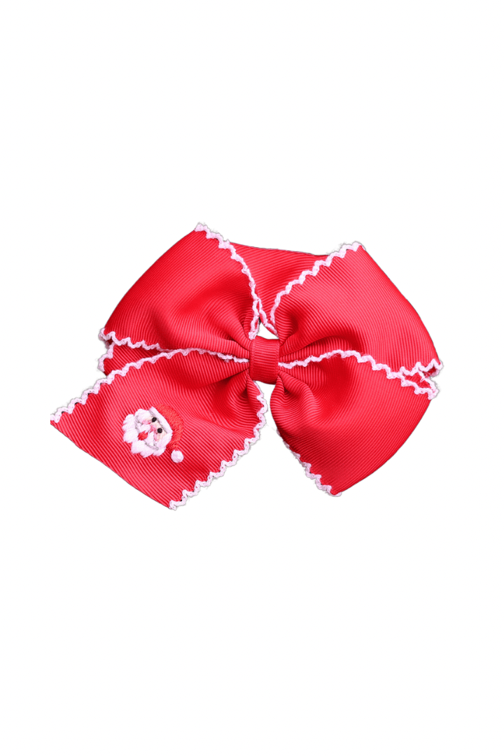 The Smocked Flamingo Apparel & Accessories Red Embroidered Santa Scalloped Edge Grosgrain Bow Red