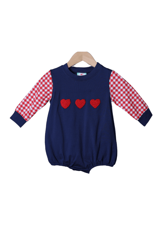 The Smocked Flamingo Apparel & Accessories Red French Knot Heart Navy Gingham Bubble