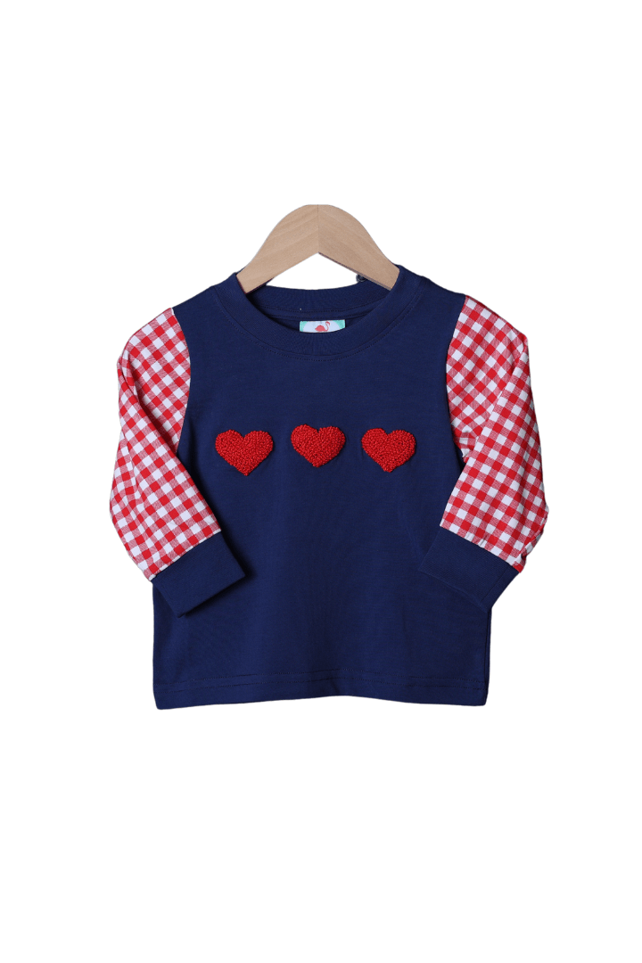 The Smocked Flamingo Apparel & Accessories Red French Knot Heart Navy Gingham Shirt