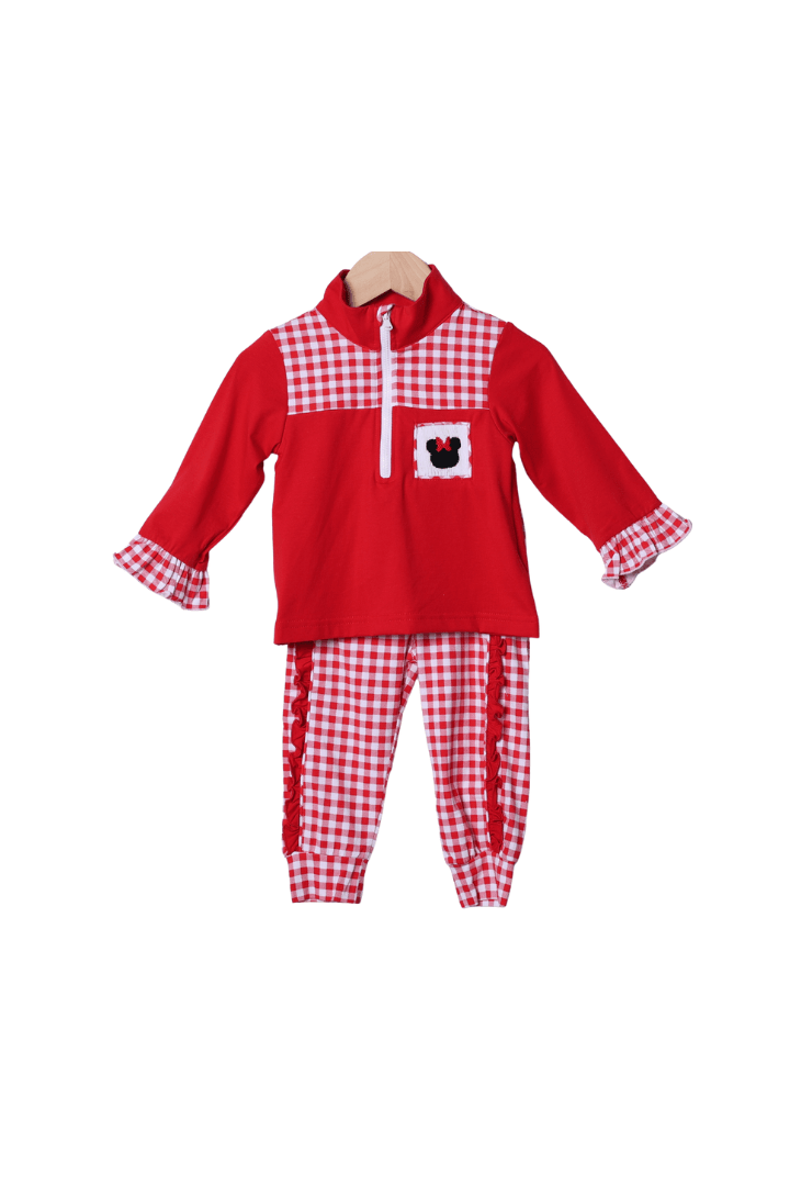 The Smocked Flamingo Apparel & Accessories Red Gingham Bow Mouse Pant Set