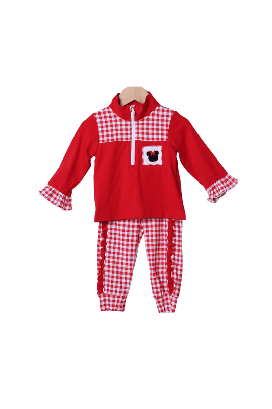 The Smocked Flamingo Apparel & Accessories Red Gingham Bow Mouse Pant Set