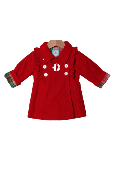 The Smocked Flamingo Apparel & Accessories Red Ruffle Corduroy/Pink Christmas Plaid Ruffle Coat