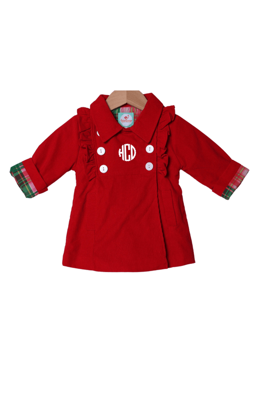 The Smocked Flamingo Apparel & Accessories Red Ruffle Corduroy/Pink Christmas Plaid Ruffle Coat