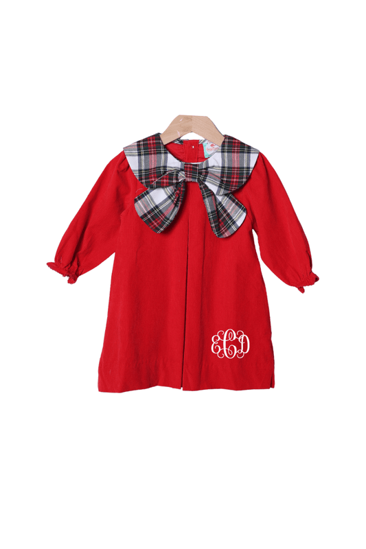 The Smocked Flamingo Apparel & Accessories Red Tartan Plaid/Corduroy Bow Collar Dress