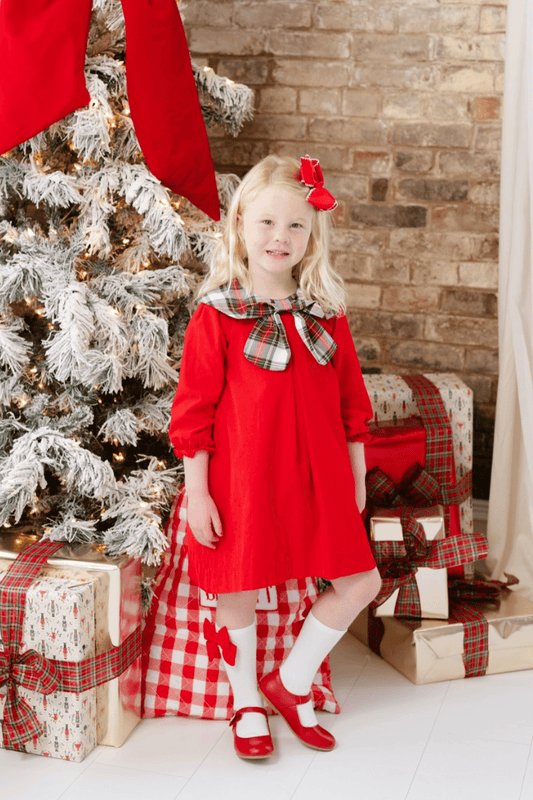 The Smocked Flamingo Apparel & Accessories Red Tartan Plaid/Corduroy Bow Collar Dress