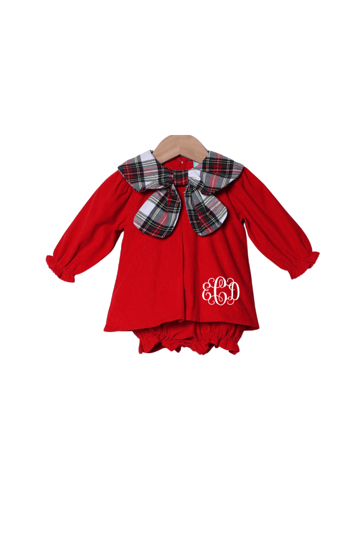 The Smocked Flamingo Apparel & Accessories Red Tartan Plaid/Corduroy Bow Collar Skirted Bubble