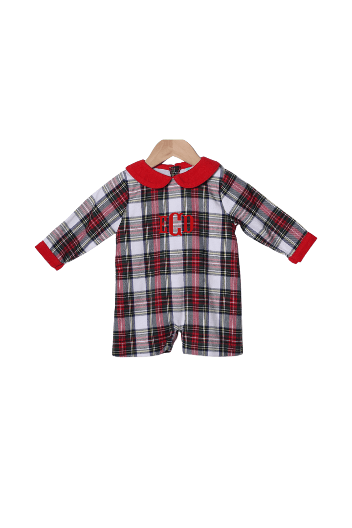 The Smocked Flamingo Apparel & Accessories Red Tartan Plaid/Corduroy Long Sleeve Shortall