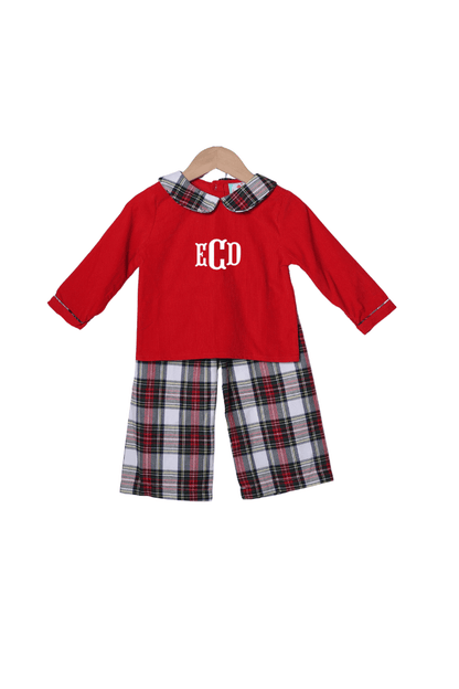 The Smocked Flamingo Apparel & Accessories Red Tartan Plaid/Corduroy Pant Set