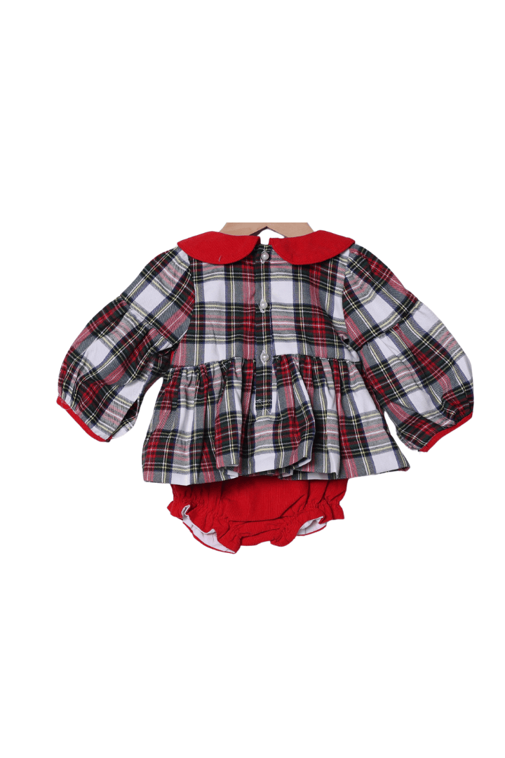 The Smocked Flamingo Apparel & Accessories Red Tartan Plaid/Corduroy Puff Sleeve Bloomer Set