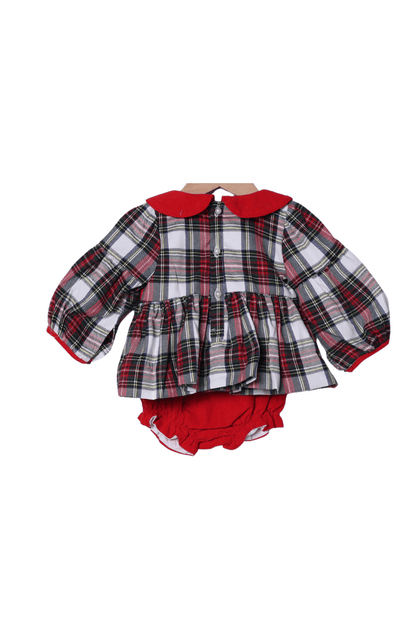 The Smocked Flamingo Apparel & Accessories Red Tartan Plaid/Corduroy Puff Sleeve Bloomer Set