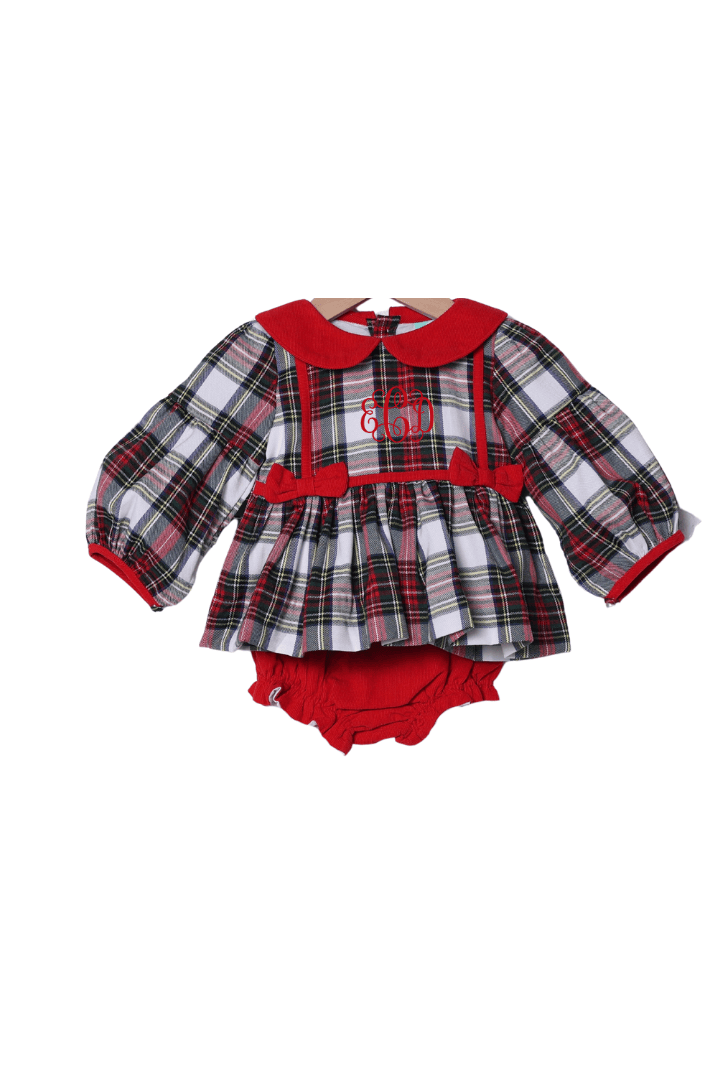 The Smocked Flamingo Apparel & Accessories Red Tartan Plaid/Corduroy Puff Sleeve Bloomer Set