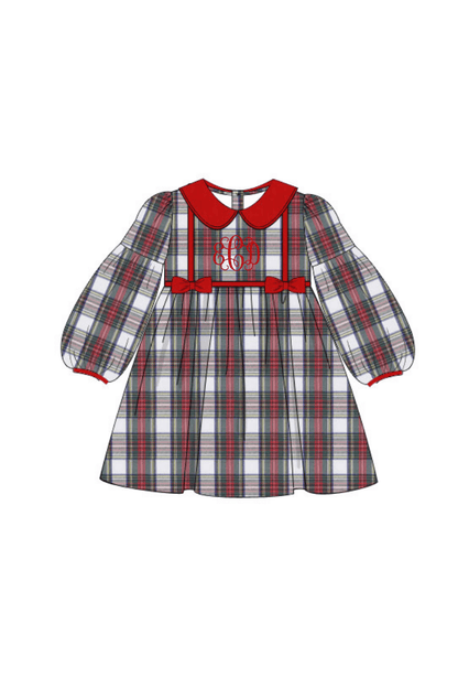 The Smocked Flamingo Apparel & Accessories Red Tartan Plaid/Corduroy Puff Sleeve Dress