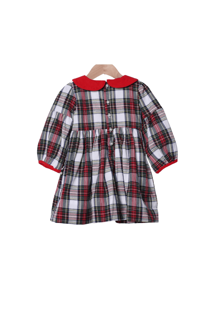 The Smocked Flamingo Apparel & Accessories Red Tartan Plaid/Corduroy Puff Sleeve Dress