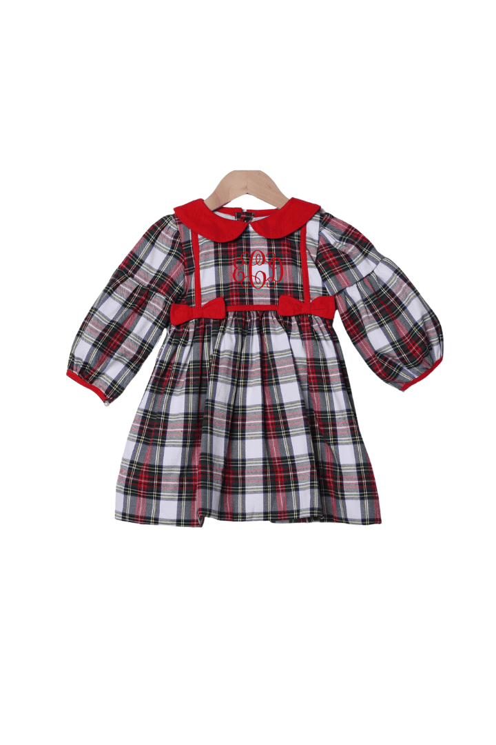 The Smocked Flamingo Apparel & Accessories Red Tartan Plaid/Corduroy Puff Sleeve Dress