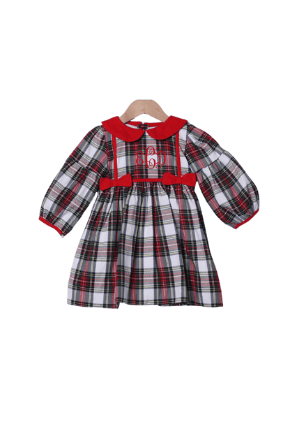 The Smocked Flamingo Apparel & Accessories Red Tartan Plaid/Corduroy Puff Sleeve Dress