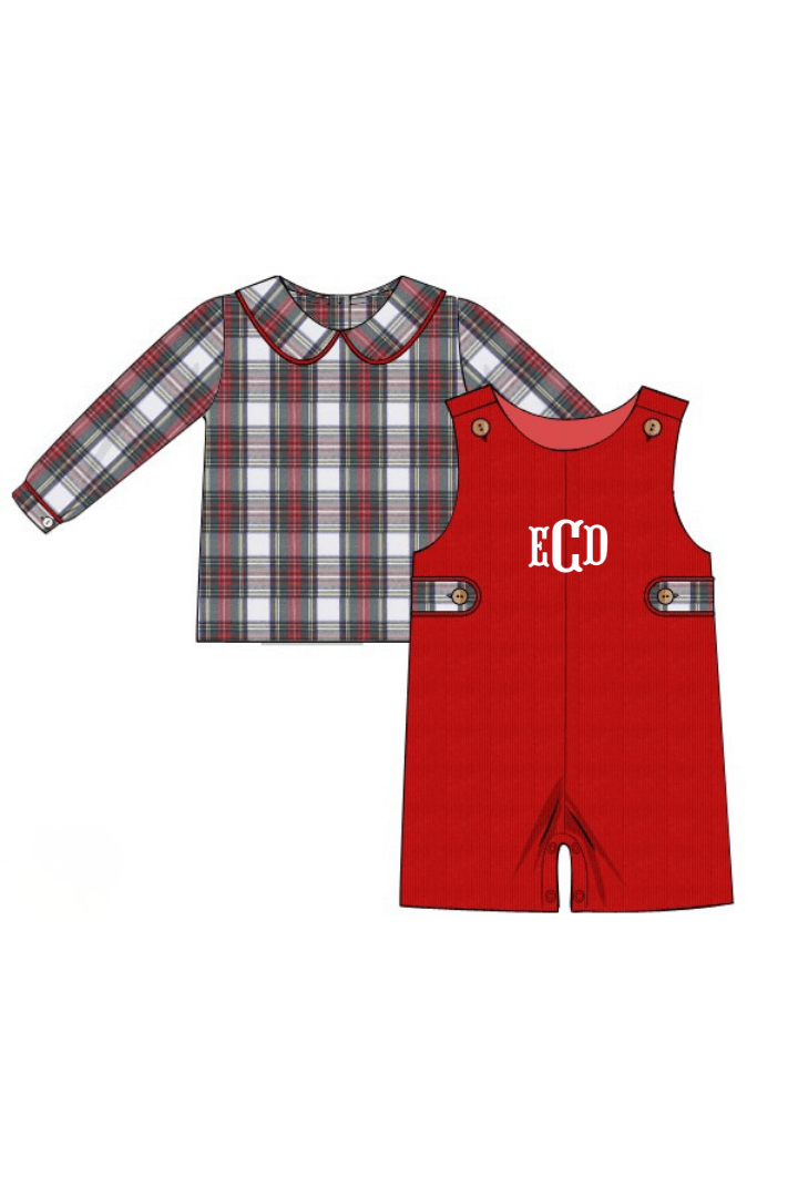 The Smocked Flamingo Apparel & Accessories Red Tartan Pliad/Corduroy 2pc Jon Jon