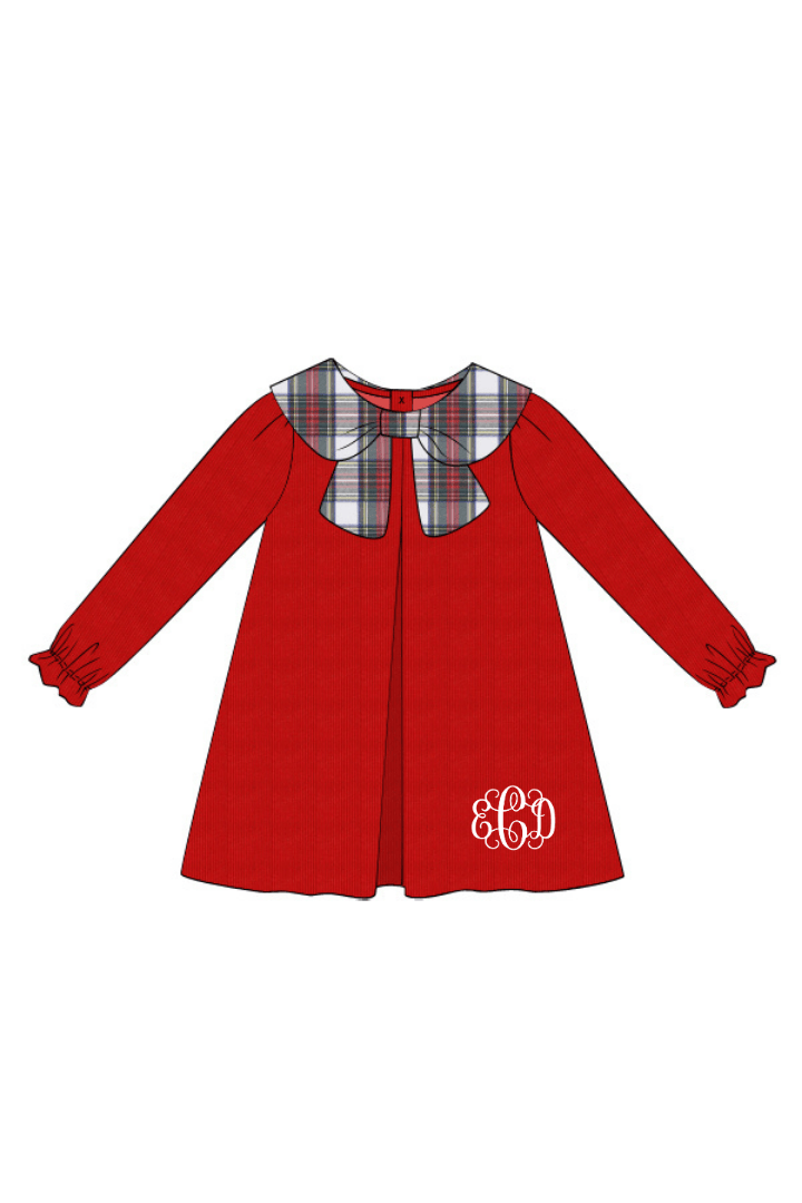 The Smocked Flamingo Apparel & Accessories Red Tartan Pliad/Corduroy Bow Collar Dress