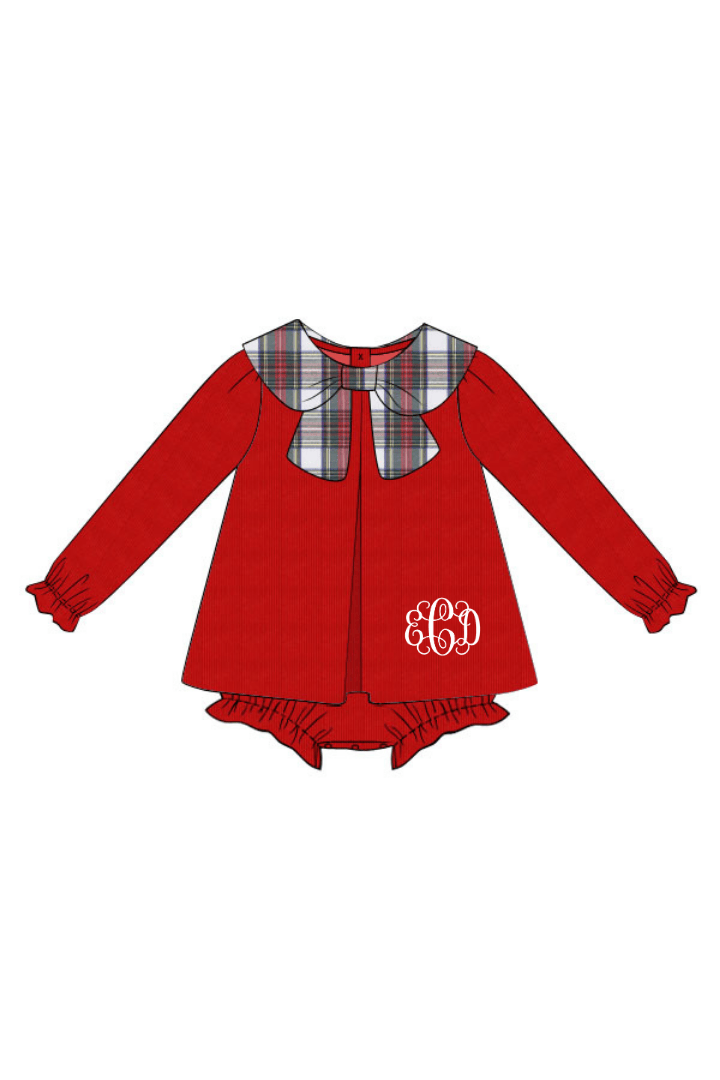 The Smocked Flamingo Apparel & Accessories Red Tartan Pliad/Corduroy Bow Collar Skirted Bubble