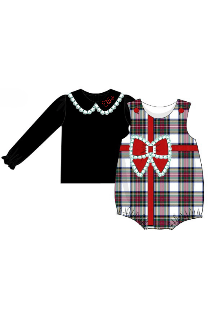 The Smocked Flamingo Apparel & Accessories Red Tartan Pliad/Corduroy Christmas Present 2pc Bubble