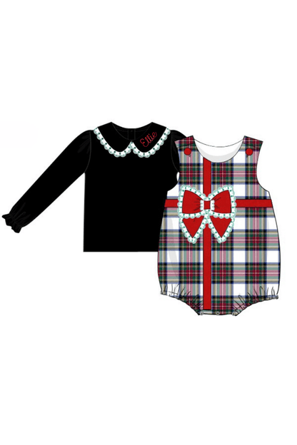 The Smocked Flamingo Apparel & Accessories Red Tartan Pliad/Corduroy Christmas Present 2pc Bubble